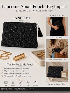 Vintage Lancôme Black Beaded Pouch Tassel Zip Pouch Art Deco Glam